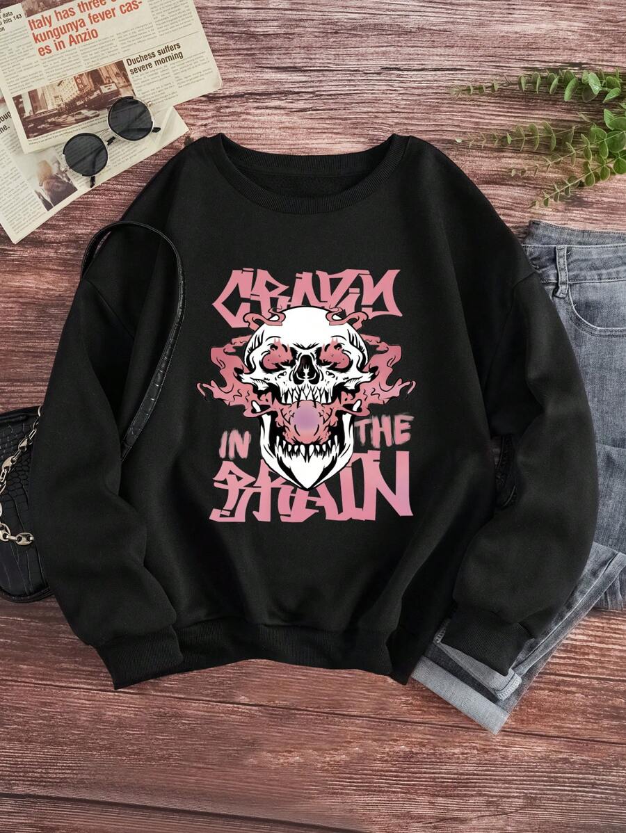 INAWLY 女士骷髅头和标语印花圆领套头卫衣秋季卫衣 - 黑色 - 查看 1