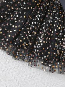 SHEIN 黑色肋條緞帶與蓬蓬紗裙輕網紗滿天星浮雕青少女公主風裝 - 黑色 - 查看 4