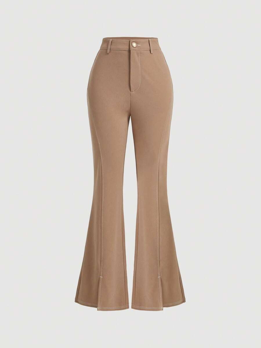 SHEIN MOD Của phụ nữ Quần loe Với Bên Khe Thiết kế - Màu Khaki - Xem 1