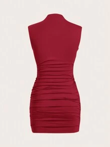 SHEIN EZwear 女士立领褶皱紧身连衣裙 - 酒紅色 - 查看 2