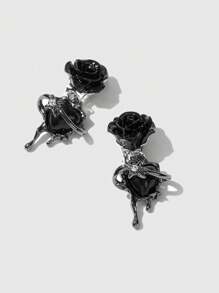 Goth 黑暗龐克風格的玫瑰花和心形夾式耳環 - 彩色 - 查看 2
