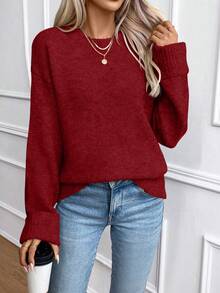 SHEIN LUNE Ladies' Solid Color Round Neck Oversized Casual Sweater With Drop Shoulder - Red - View 6