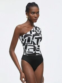 Maija Women'S Geometric Print One Shoulder Long Sleeve Bodysuit - Black and White - View 2