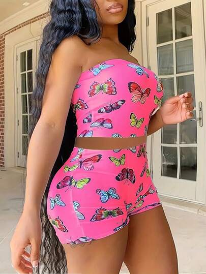 Set top tubular și pantaloni scurți cu imprimeu aleatoriu
