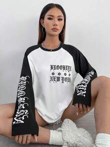 SHEIN Unity 字母印花長袖t恤,色塊拼接設計 - 黑色 - 查看 5