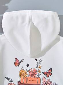 SHEIN Sudadera Con Capucha Para Niñas Adolescentes Con Estampado De Flores Y Libros - Blanco - Ver 3