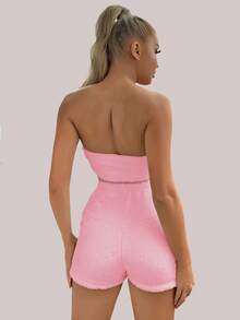 新品到貨女士絨毛性感無肩帶短上衣和短褲兩件套裝 - 粉色 - 查看 2