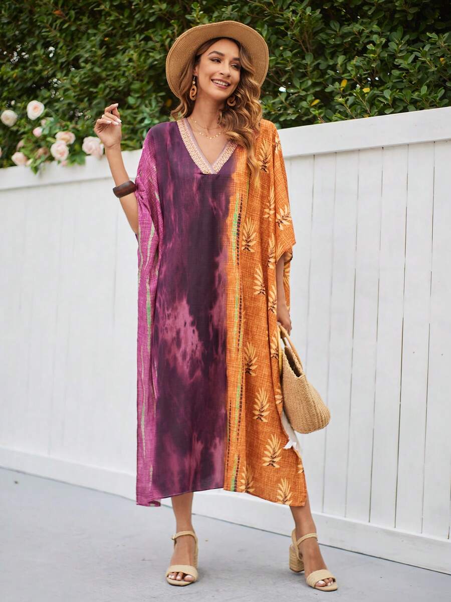 SHEIN VCAY 女士tie-dye印花蝙蝠袖裙 - 彩色 - 查看 1