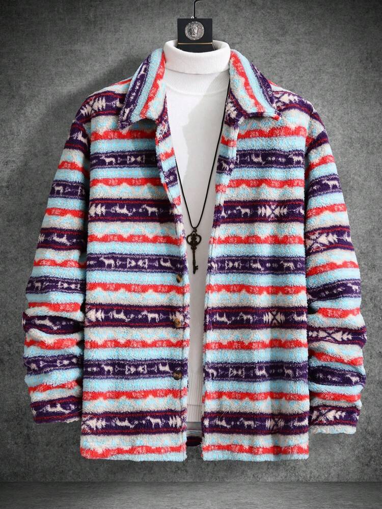 Loose Fit Men's Striped Plush Button Front Jacket