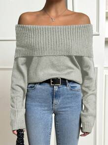 EURMUSE Suéter De Hombro Descubierto De Color Sólido Para Mujer - Gris Claro - Ver 5