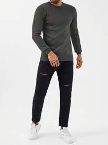 SHEIN Cottnline Men'S Solid Color Round Neck Casual Sweater - Grey - View 3