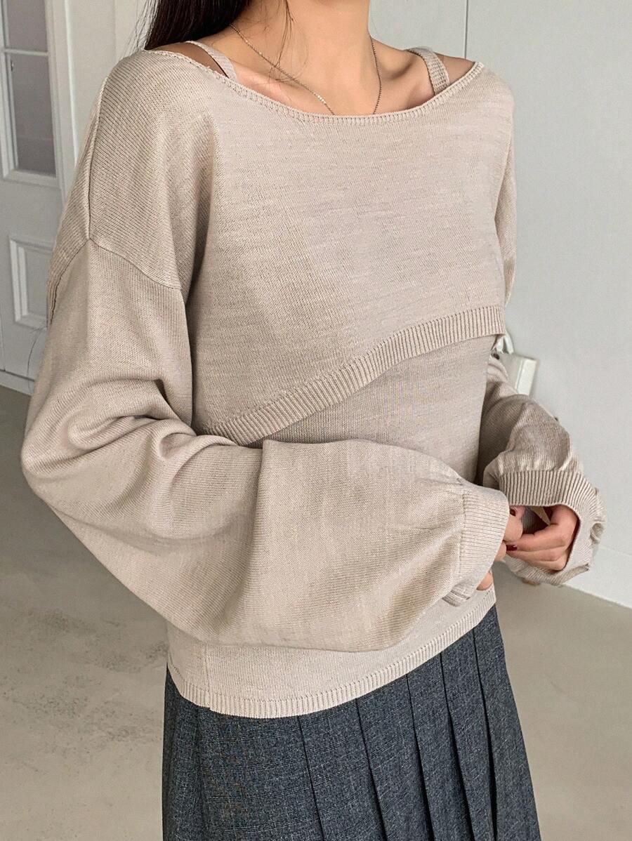 DAZY Solid Color Round Neck Long Sleeve Women's Knitted Sweater 2pcs/Set,Fall Clothes - Apricot - View 1