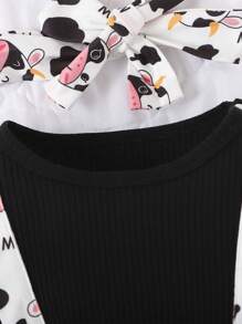 Baby Girl's 2 In 1 Cap Sleeve Jumpsuit With Big Bowknot And Cow Print - Black - View 4