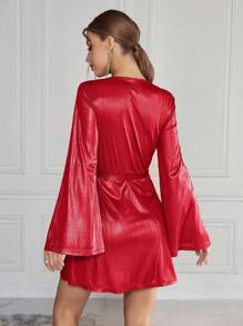 SHEIN Privé Váy tay loe cổ chữ V trơn dành cho nữ - Đỏ - Xem 2