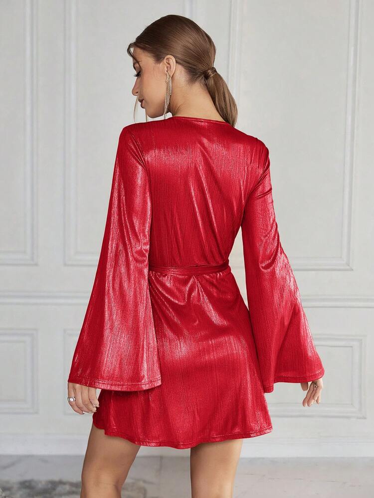 Women's Plain V-Neck Flare Sleeve Dress