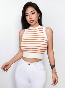 Flirla Women's Striped Sleeveless Crop Knit Top - White - View 4