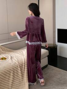 DAZY Velvet Splicing Lace Pajamas Set - Purple - View 2