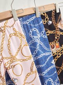 SHEIN Young Girls Elastic High Waist Leggings With Chain Pattern, Comfortable Fit - Multicolor - View 3