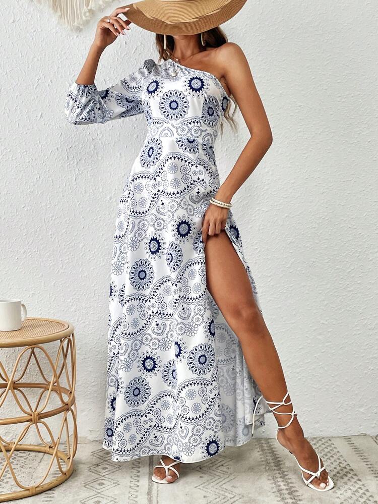 Ladies' Mandala Printed One Shoulder Dress Fall Cloth For Women