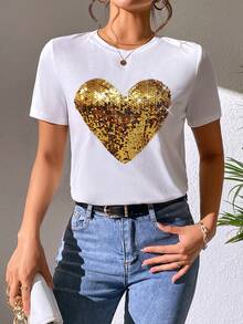 SHEIN LUNE Sequin Heart Pattern T-Shirt Graphic Tees Women Tops - White - View 4
