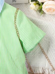 SHEIN Sukienka dla młodej dziewczyny w paski i nadruki z kołnierzykiem Piotrusia Pana - Wielokolorowe - Zobacz 6