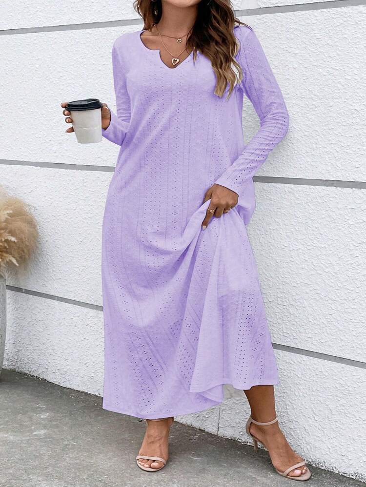 Plus Size Solid Color Hollow Out Embroidered Notch Neck Dress