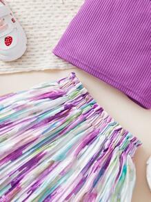 SHEIN 嬰兒女童紫色背心和多色褶皺裙子套裝,休閒裝 - 紫色 - 查看 5