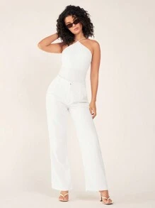 SHEIN BASICS 女款休閒基礎款 Ibiza 性感日常海灘俱樂部夜店夜生活通勤極簡純色掛脖連身衣，夏季素色瑜伽白色 - 白色 - 查看 4