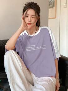 DAZY Women's Color Block Letter Print Short Sleeve T-Shirt LEISURE EMBRACE THE FUTURE LIFE IS A CHAIN OF MOMENTS OF ENJOYMENT, NOT ONLY ABOUT SURVIVING IN THIS ORDINARY LIFE, WE MUST SEE THE GOOD SIDE OF LIFE LET LOVE - Purple - View 2