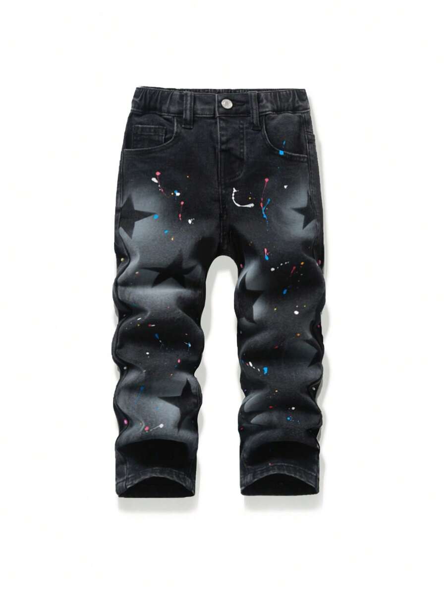 SHEIN Explorewe Young Boy Cool Street Style Star Print Đầy màu sắc Splatter Đen Washed Đàn hồi eo Quần jean co giãn - màu đen - Xem 1