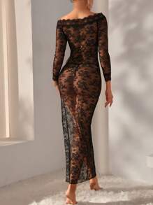 露肩蕾丝性感内衣连衣裙 - 黑色 - 查看 2