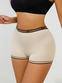 無縫女士拼色中腰短褲內褲打底運動褲 - 杏色 - 查看 1