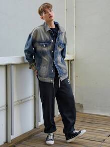DAZY Jachetă din denim pentru bărbați, cu mânecă lungă și umeri căzuți, haine de toamnă