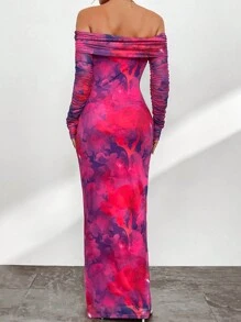 SHEIN Privé Women's Floral Print Off Shoulder Slim Fit Fish Tail Hem Dress - Multicolor - View 2