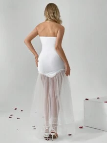 SHEIN Privé Women's Valentine's Day Strapless Mermaid White Mesh Dress, Suitable For Date And Holiday - White - View 3