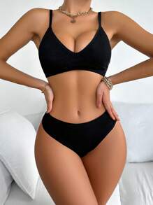 女士純色內衣套裝，包含胸圍和內褲 - 黑色 - 查看 4