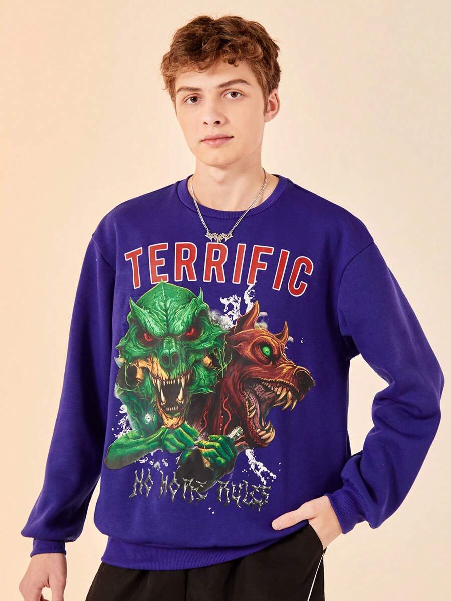 SHEIN Teenage Boys' Casual Animal & Letter Printed Loose Fit Round Neck Sweatshirt