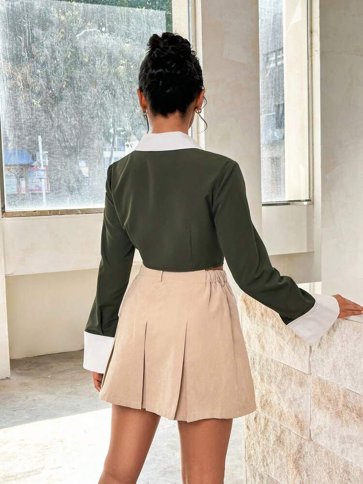 Contrast Color Asymmetrical Hemline Wrinkled Long Sleeve Cropped Shirt St Patrick Day