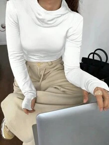 SHEIN EZwear 女裝純色修身長袖t恤 - 白色 - 查看 4