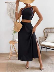 Breezaya Của phụ nữ Thực vật Thêu Dây Áo vest Và Váy Bộ - màu đen - Xem 1