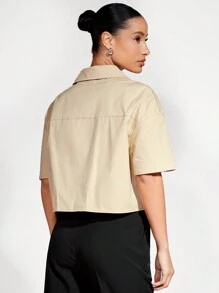 SHEIN BASICS Của phụ nữ Ngắn tay Thả vai Áo sơ mi - Màu Khaki - Xem 2
