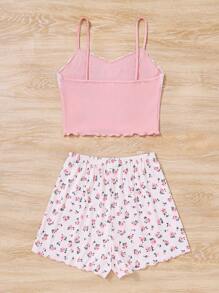 SHEIN Teen Girls' Lace Contrast Color Wave Hem Cami Top And Ditsy Floral Print Shorts Homewear - Pink - View 2
