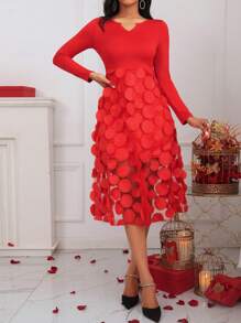 SHEIN Clasi 刺绣网眼撞色缺口领口连衣裙 - 紅色 - 查看 6