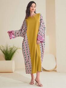 Al Najma Contrast Print Batwing Sleeve Notched Neck Kaftan Dress - Yellow - View 3