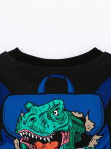 SHEIN 年轻男孩可爱有趣的恐龙印花运动衫和慢跑裤套装 - 藍色 - 查看 7