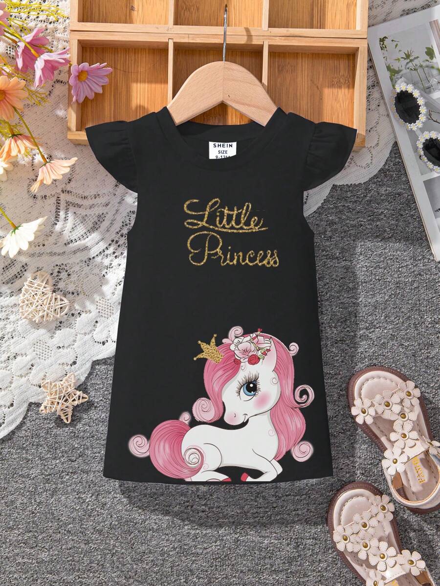 Baby Girl Cartoon Letter Printed Cap Sleeve Dress - Black - View 1