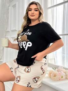 SHEIN 大码女式卡通动物印花短袖睡衣套装 - 彩色 - 查看 6