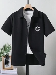 Chemise Noire En Toile Unie Avec Imprimé Emoji Pour Garçon - Noir - Voir 1