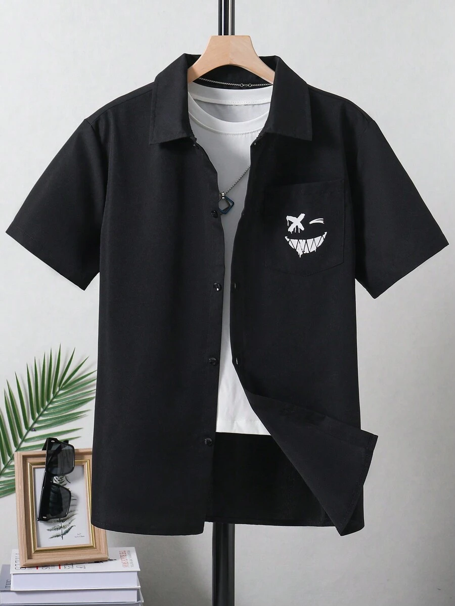 Chemise Noire En Toile Unie Avec Imprimé Emoji Pour Garçon - Noir - Voir 1