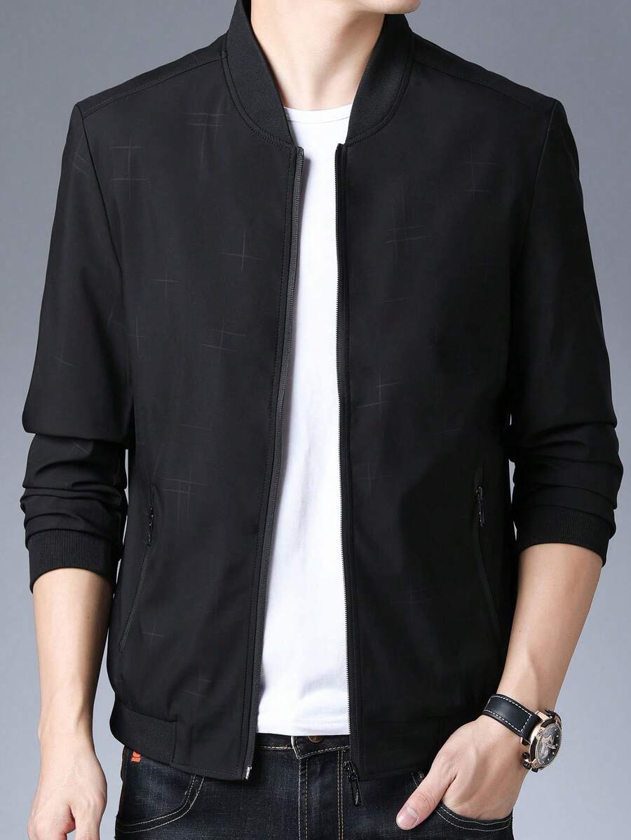 Men's Striped Printed Baseball Collar Jacket - Black - View 1